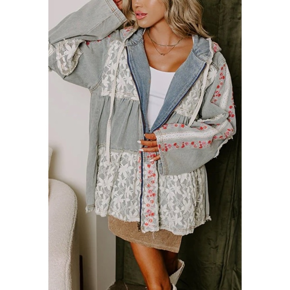 POL Denim Patchwork Floral Embroidered Tiered Hoodie - Picture 4 of 7